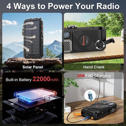 Emergency Radio&22000mAh Solar Power Bank, FM NOAA Weather Radio, Portable Hand Crank Bluetooth Radio, 20W Fast Charge Wireless Phone Charger, SOS Flashlight for Emergency/Home (Orange)