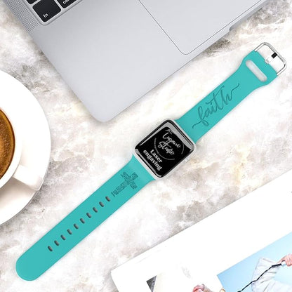 Faith with Cross Watch Band Compatible with Apple Watch Laser Engraved Band Silicone 38mm 40mm 41mm 42mm 44mm 45mm 46mm 49mm Strap Jesus Psalm Christian God Blessed (Lake Blue, 42/44/45/46/49mm M/L)