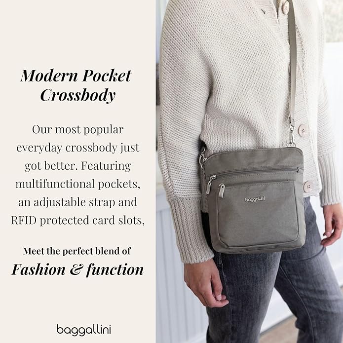 Baggallini Modern Pocket Crossbody Bag for Women, 8.5"x8.5" Handbag Purse with RFID, Lightweight Water-Resistant