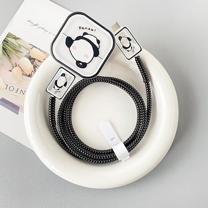 Charger Cover Protection Set, Compatible with Apple 40W Dynamic Power Adapter (with 60W Max), Fun & Adorable Flexible TPU Charger Case + Spiral Data Cable Protector, Cute Panda Butt (5in1)