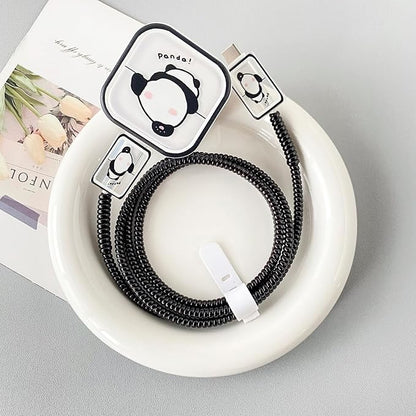 Charger Cover Protection Set, Compatible with Apple 40W Dynamic Power Adapter (with 60W Max), Fun & Adorable Flexible TPU Charger Case + Spiral Data Cable Protector, Cute Panda Butt (5in1)