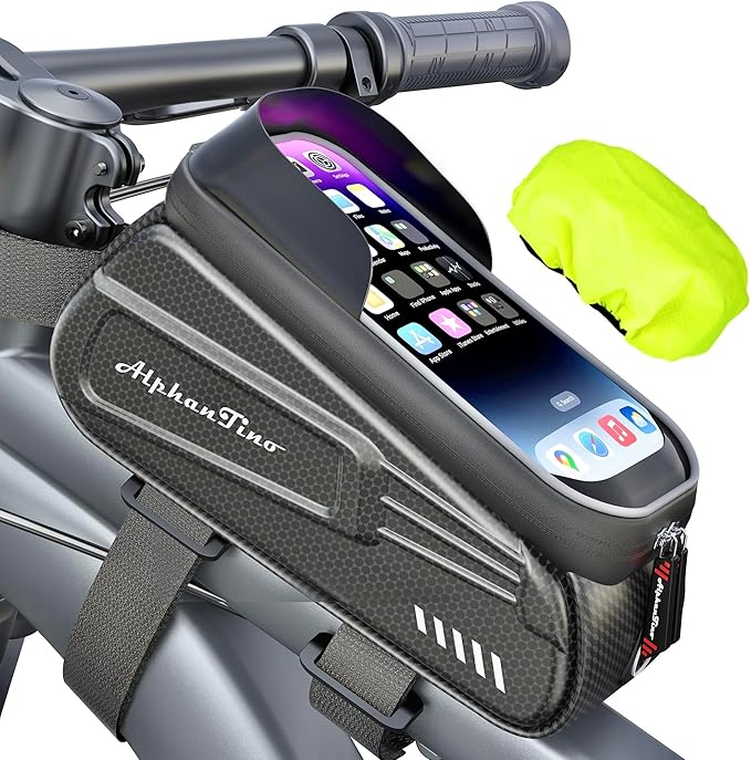 Bike Phone Holder Bag - Waterproof Bicycle Frame Bag Hard Case Large Capacity Top Tube Front Frame Cycling Mount Accessories Pouch, TPU Touch-Screen & Sun-Visor (Red Zipper)