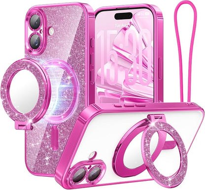 Meifigno Designed for iPhone 17 Case with Ring Stand (6.3"), [Built-in Mirror] [Compatible with MagSafe] [Glitter Card & Wrist Strap] Removable Phone Stand +Designed for iPhone 17 Case, Hot Pink