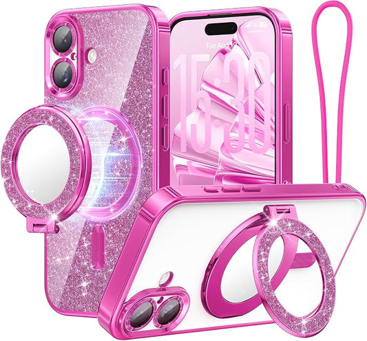 Meifigno Designed for iPhone 17 Case with Ring Stand (6.3"), [Built-in Mirror] [Compatible with MagSafe] [Glitter Card & Wrist Strap] Removable Phone Stand +Designed for iPhone 17 Case, Hot Pink