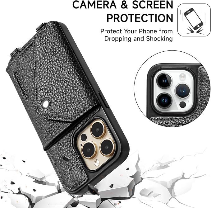 LUCKYCOIN for iPhone 15 Pro Crossbody Wallet Case – Genuine Leather Phone Purse with Adjustable Strap and Card Holder,Lanyard Phone Purse Case for Women,Pebble Grain Black