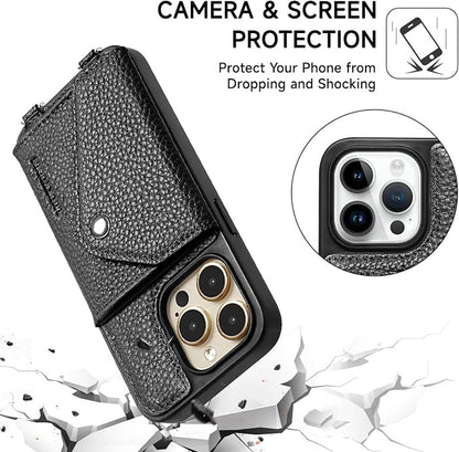 LUCKYCOIN for iPhone 14 Pro Max Crossbody Wallet Case – Genuine Leather Phone Purse with Adjustable Strap and Card Holder,Lanyard Phone Purse Case for Women,Pebble Grain Black
