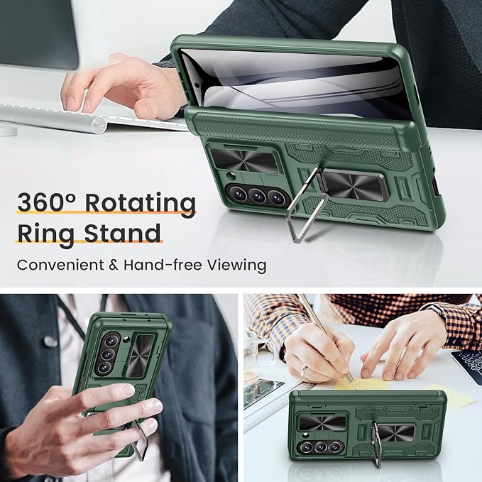 VEGO for Z Fold 5 Case with Hinge Protection & Screen Protector, Green | Built-in 360° Magnetic Kickstand, Slide Camera Cover, Full Body Protective Case for Samsung Fold 5
