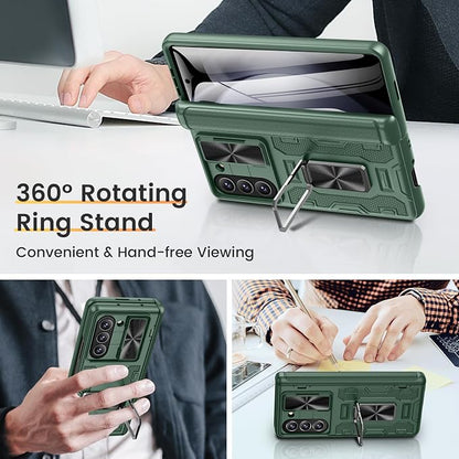 VEGO for Z Fold 5 Case with Hinge Protection & Screen Protector, Green | Built-in 360° Magnetic Kickstand, Slide Camera Cover, Full Body Protective Case for Samsung Fold 5