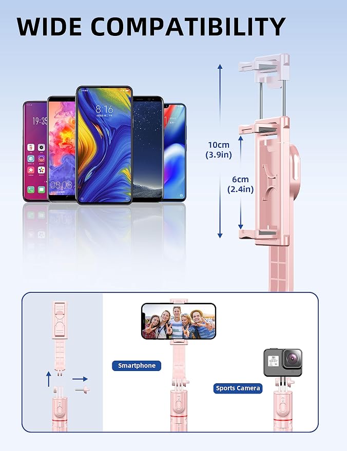 41'' Tripod for Phone, Extendable Selfie Stick with Wireless Remote, Aluminum Cell Phone Tripod Stand 360°Rotate Lightweight & Portable Compatible with iPhone/Android (Pink)