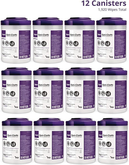 Super Sani-Cloth Germicidal Disposable Wipe, Hospital Grade Disinfection, 160 Large 6" x 6.75" Wipes Each, Case of 12 Canisters