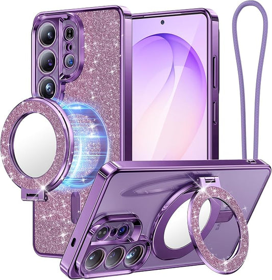 Meifigno Magnetic Case for Samsung Galaxy S26 Ultra 6.9" + Removable Phone Grip Kit, [Phone Ring Holder with Built-in Mirror] [Compatible with MagSafe] [Glitter Card & Wrist Strap], Cobalt Violet