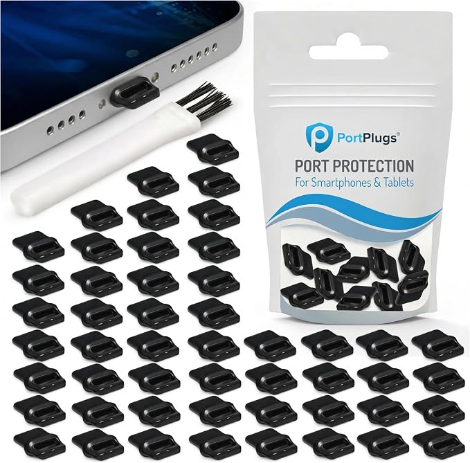 PortPlugs USB-C Dust Plugs - Easy-Grip Design, Compatible with iPhone 15/16/17 & Air, iPad Pro/Mini, MacBook Pro/Air, Galaxy S26-S8, Pixel, Android & USB-C Devices - Black (50-Pack)