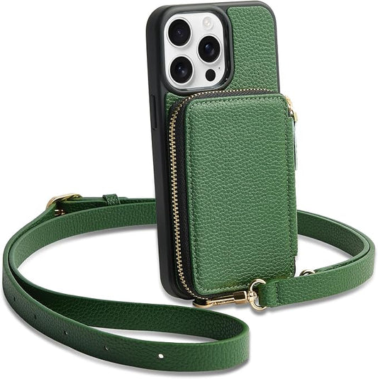 ZVE for iPhone 14 Pro Max Wallet Case for Women, Crossbody Phone Cover with Card Slots, RFID Blocking Purse with Wrist Strap Compatible with iPhone 14 Pro Max, 6.7"- Dark Green
