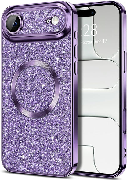 Hython for iPhone Air Case Glitter Clear Magnetic Phone Cases [Compatible with MagSafe] Full Camera Lens Protector Sparkle Luxury Plating Slim Shockproof Protective Cover Women, Purple