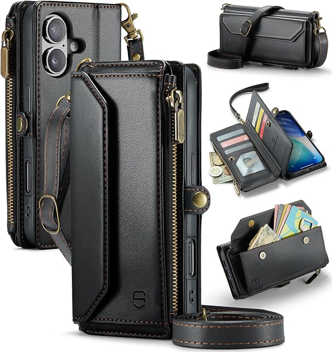 Strapurs Wallet Case Compatible with iPhone 17 6.3" RFID Blocking 9-Card Holder Soft PU Leather Magnetic Snap Shoulder Strap Zipper Pocket Phone Case Fit for iPhone 17 for Women - Black