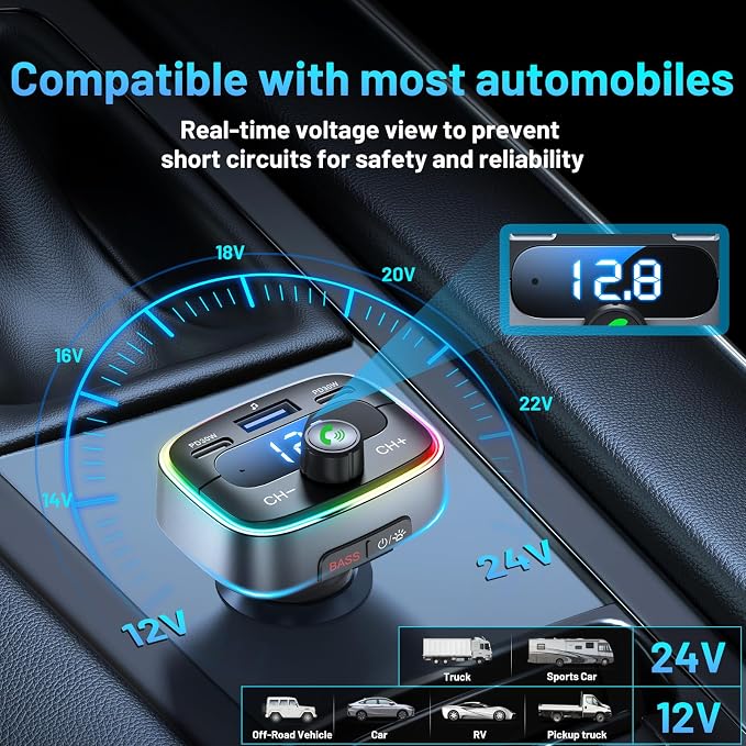 Bluetooth 5.4 Car Adapter 60W Charging USB Bluetooth Adapter for Car,Wireless Fm Transmitter Radio,Handsfree Calling and Audio Receiver,HiFi Music Player,7 Colors LED Backlit