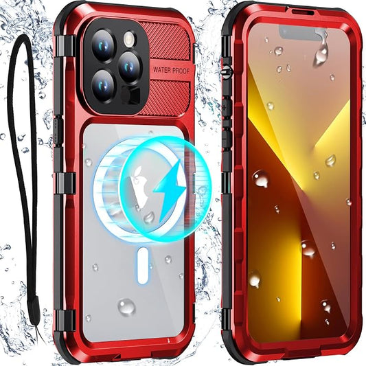 WIFORT for iPhone 13 Pro Max Waterproof Case, Metal Heavy Duty Phone Case Built-in Screen Protector IP68 Water Proof 15FT Military Grade Shockproof, Full Body Drop Protection Cover, 6.7" Red