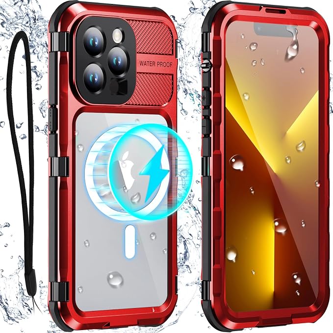 WIFORT for iPhone 13 Pro Max Waterproof Case, Metal Heavy Duty Phone Case Built-in Screen Protector IP68 Water Proof 15FT Military Grade Shockproof, Full Body Drop Protection Cover, 6.7" Red
