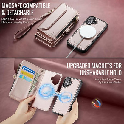 Strapurs for iPhone 17 Detachable Wallet Case Compatible with Magsafe for Women, RFID Blocking 9-Card Holder Zipper Wrist Strap Lanyard PU Leather Magnetic Phone Case for iPhone 17 6.3", Rose Gold