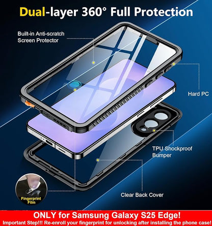 SPIDERCASE Only for Samsung Galaxy S25 Edge Case Waterproof, Built-in Screen & Camera Lens Protector[IP68] [Military Grade Shockproof] Full Protection Only for S25 Edge 6.7”, Black/Clear