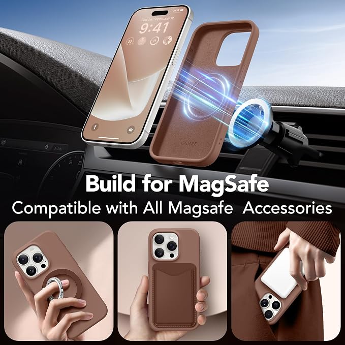 GONEZ Magnetic for iPhone 15 Pro Case, Compatible with MagSafe, [Screen Protector + Camera Lens Protector], Silicone Shockproof Anti-Scratch Protective Phone Case 6.1 inch, Brown