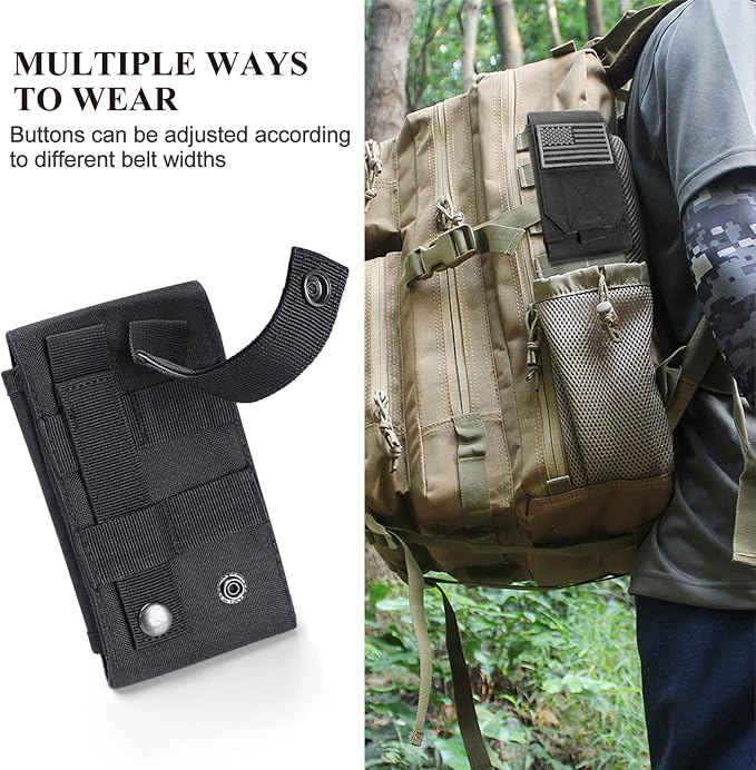 Black Tactical Molle Cellphone Pouch Case,Heavy Duty Waterproof Phone Holster Bag for iPhone 11 12 13 Pro Max for Samsung S22 S21 S20 FE Note 20 A02S Less 6.7" Phone with 2 Pack US Flag Patch