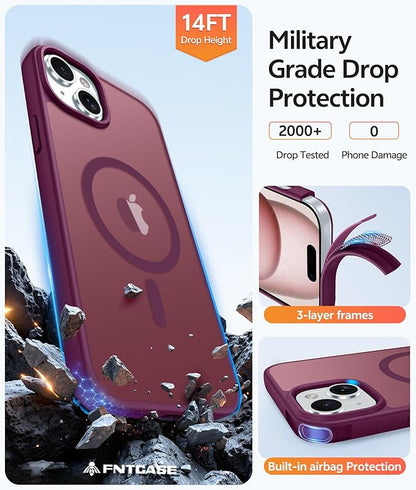 FNTCASE for iPhone 15/14/13 Case, Fit for Magsafe, Glass Screen Protector | Translucent Matte, Magnetic Phone Cases, 14FT Military Grade Drop Protection, Slim Shockproof Protective Cover, Wine Red