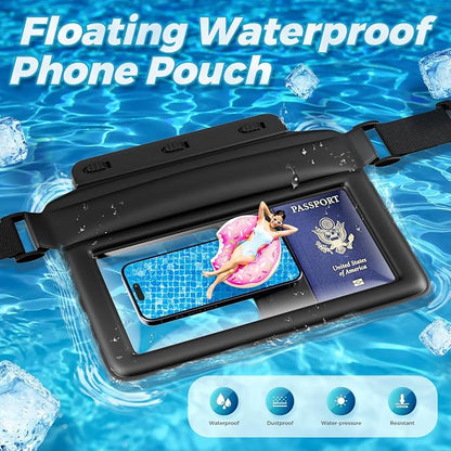 JOTO Large Floating Waterproof Phone Pouch with Adjustable Waist Strap, Water Proof Fanny Pack Dry Bag Wallet for Cellphone Passport Watch and Valuables, Beach Essential for Swimming Snorkeling -Black
