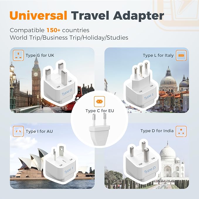 TESSAN Compact 220V to 110V Voltage Converter US to Europe | Universal Travel Adapter, 2 AC Outlets and 2 USB (1 USB-C), 200W Small Power Converter, EU/UK/AU/IT/India Plugs, For Travel