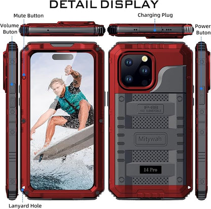 Mitywah Waterproof Case for iPhone 14 Pro, Heavy Duty Shockproof Case with Built-in Screen Protector, Full Body Underwater Protective Metal Case 6.1 inch, Red