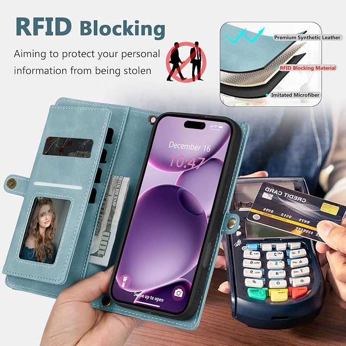 Wallet Case for iPhone 16 Plus with Card Holder/Crossbody Wallet/Strap| RFID Blocking | Magnetic | Kickstand | Detachable | PU Leather Phone Case for iPhone 16 Plus,6.7 in,Blue