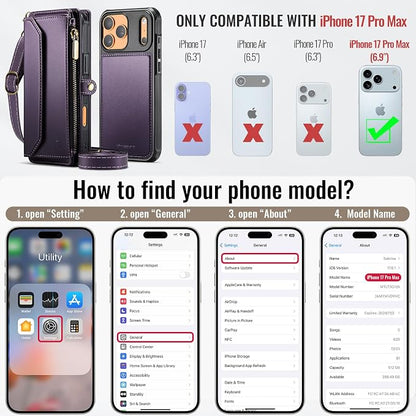 Strapurs for iPhone 17 Pro Max Detachable Wallet Case Compatible with Magsafe, RFID Blocking 9-Card Holder Zipper Strap Lanyard PU Leather Magnetic Phone Case for iPhone 17 Pro Max 6.9", Purple