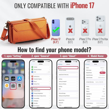 Strapurs Wallet Case Compatible with iPhone 17 6.3" RFID Blocking 9-Card Holder Soft PU Leather Magnetic Snap Shoulder Strap Zipper Pocket Phone Case Fit for iPhone 17 for Women - Orange