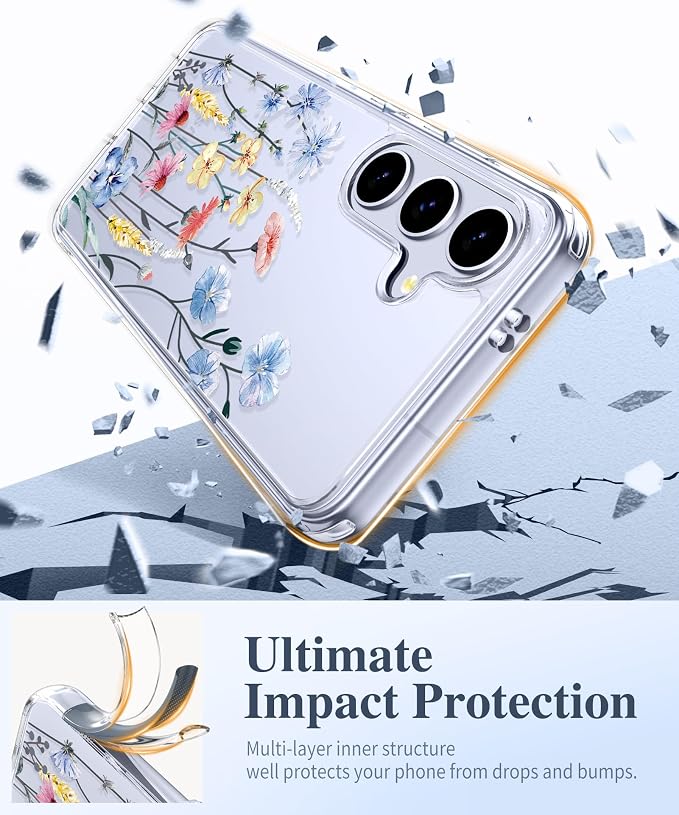 GVIEWIN for Samsung Galaxy S25 Plus Case, Clear Floral Slim Shockproof Protective Women Phone Case, Non-Yellowing, with Screen Protector & Camera Lens Protector for S25 Plus 6.7", Aconite/Light Blue | Non Yellowing, Clear, Floral, Hard