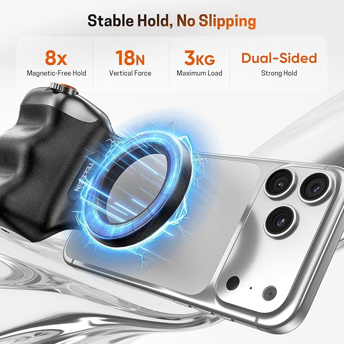 Magnetic Phone Camera Grip, Smartphone Holder Selfie Handle Snap with Wireless USB Remote Control & 1/4” Screw Mount, Camera Stabilizer for iPhone & Android Cellphone Selfie Vlog Video Live
