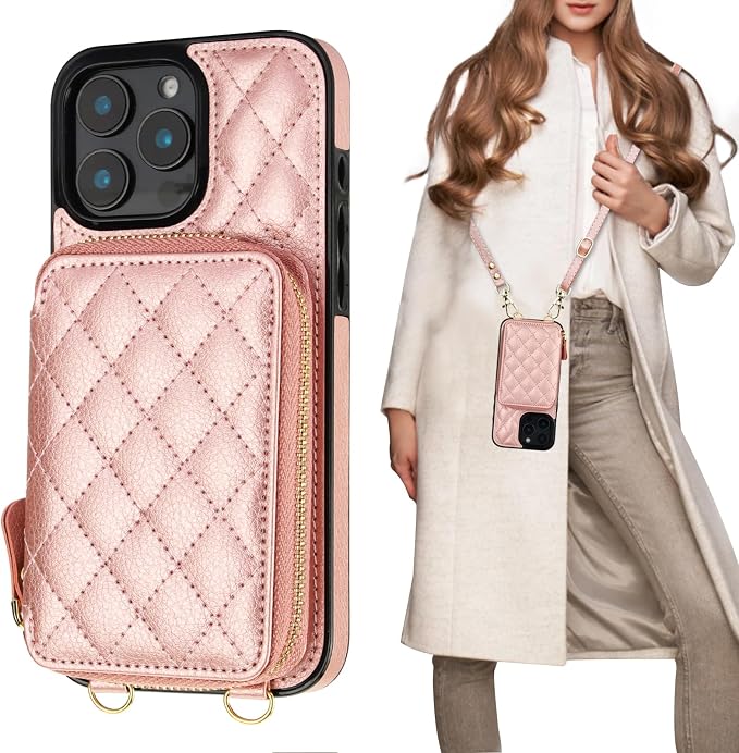 Bocasal Crossbody Wallet Case for iPhone 16 Pro Max, RFID Blocking PU Leather Zipper Handbag Purse Flip Cover, Kickstand Folio Case with Card Slots Holder Wrist Strap Lanyard 5G 6.9 Inch (Rose Gold)