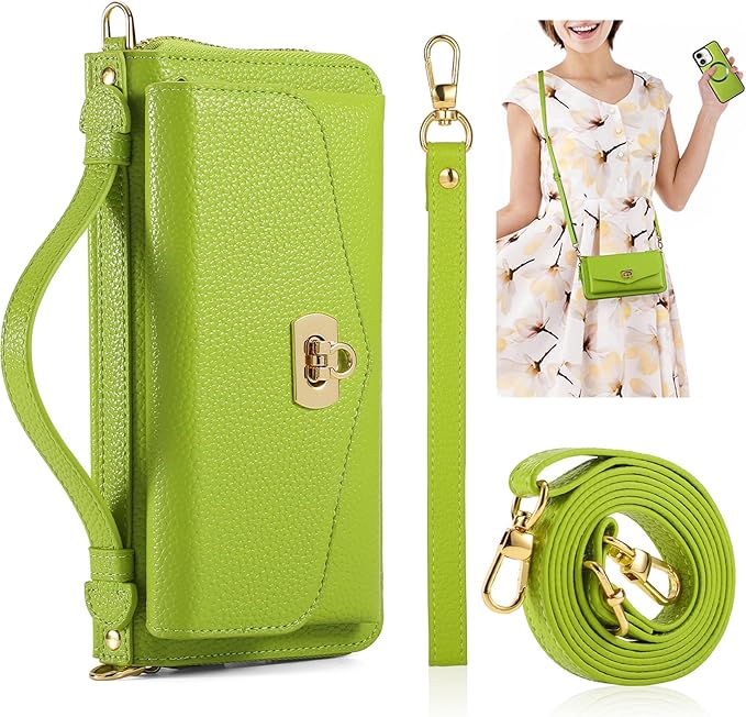 Crossbody Wallet Case for iPhone 16 6.1", Magnetic Detachable PU Leather Phone Case with RFID Blocking Card Holder Wristlet Mirror Flip Zipper Shoulder Purse Clutch for Women - Green