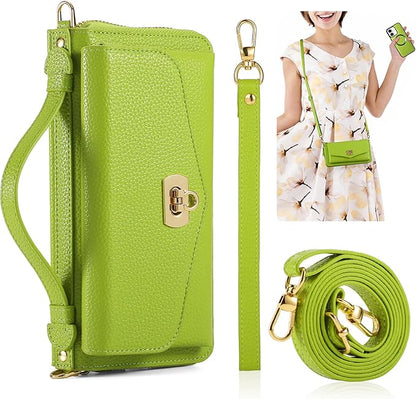 Crossbody Wallet Case for iPhone 16 6.1", Magnetic Detachable PU Leather Phone Case with RFID Blocking Card Holder Wristlet Mirror Flip Zipper Shoulder Purse Clutch for Women - Green