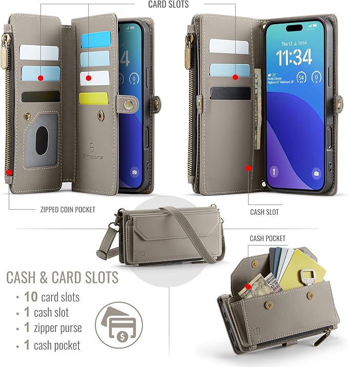 Strapurs Wallet Case Compatible with iPhone 16 Pro 6.3" RFID Blocking 10-Card Holder Soft PU Leather Magnetic Snap Shoulder Strap Zipper Pocket Phone Case Fit for iPhone 16 Pro for Women - Grey