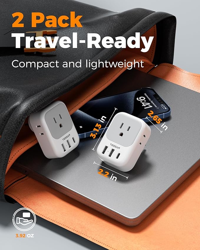 TESSAN Israel Adapter Plug, 2 Pack, Type H Travel Adaptor | US to Israel Power Adapter, 3 USB Ports (1 USB C Port), 4 American Outlets, Type H Travel Adaptor for USA to Jerusalem
