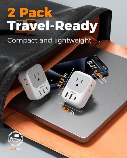 TESSAN Israel Adapter Plug, 2 Pack, Type H Travel Adaptor | US to Israel Power Adapter, 3 USB Ports (1 USB C Port), 4 American Outlets, Type H Travel Adaptor for USA to Jerusalem