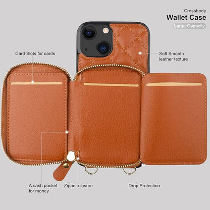 Bocasal Crossbody Wallet Case for iPhone 13, RFID Blocking PU Leather Zipper Handbag Purse Flip Cover, Kickstand Folio Case with Card Slots Holder Wrist Strap Lanyard 5G 6.1 Inch (Brown)