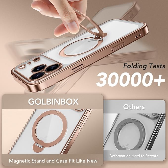 GolbinBox for iPhone 17 Pro Max Case with 360° Spin Magnetic Stand,[Compatible with Magsafe] [Military Protection][Built-in Ring Holder] Camera Control Phone Case for 17 Pro Max,Rose Gold/Clear
