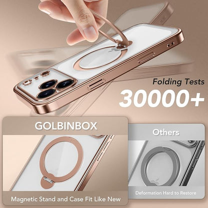 GolbinBox for iPhone 17 Pro Case with 360° Spin Magnetic Stand,[Compatible with Magsafe] [Military Protection][Built-in Ring Holder] Camera Control Phone Case for 17 Pro,Rose Gold/Clear