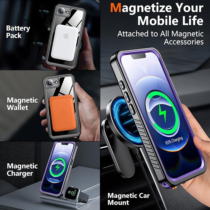 SPIDERCASE Magnetic for iPhone 16e Case iPhone 17e Case Waterproof, Built-in Screen & Camera Lens Protector[IP68 Underwater] [Military Grade Shockproof] Full Body Protection Phone Case,Purple
