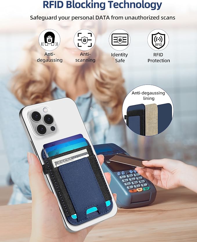 For Magsafe Wallet, Strongest Magnetic Wallet for iPhone 17/16/15/14/13/12 Series, for Magsafe Card Holder with 2 Card Slots, Magnetic Card Holder, Vegan Leather, Hold 7 Cards, Slim, Navy Blue