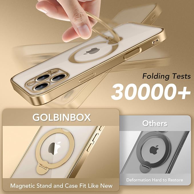 GolbinBox for iPhone 16 Pro Max Case with 360° Spin Magnetic Stand,[Compatible with Magsafe] [Military Protection][Built-in Ring Holder] Camera Control Phone Case for 16 Pro Max,Gold/Clear