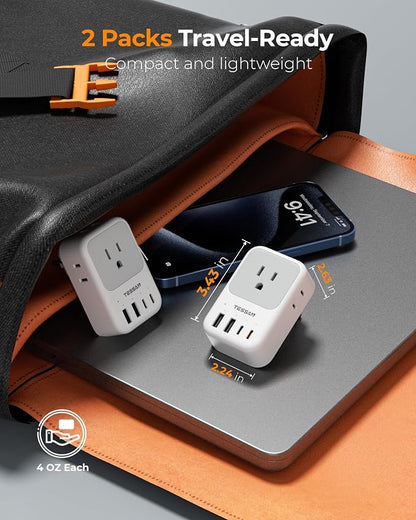 TESSAN Type F Plug Adapter 2 Pack, PD 20W South Korea Outlet Adapter with 4 AC Outlets 4 USB Ports (2 USB C), Type E Power Adaptor for US to Europe Spain Germany France Iceland Greece Russia Norway