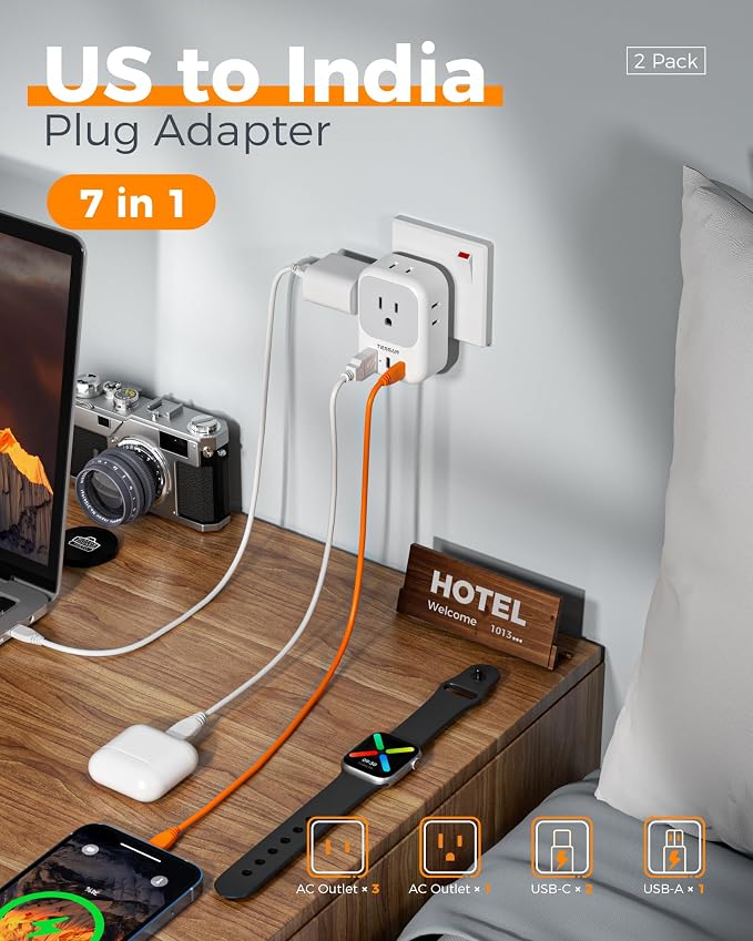 TESSAN Type D Travel Adapter 2 Pack US to India Plug Adapter | 4 Outlets 3 USB (2 USB-C), For India Nepal Maldives Pakistan Bangladesh Sri Lanka Bhutan Yemen