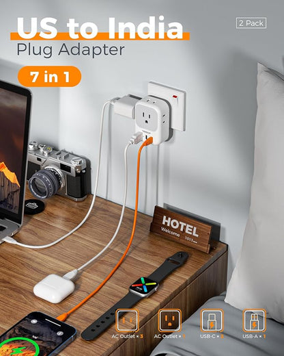 TESSAN Type D Travel Adapter 2 Pack US to India Plug Adapter | 4 Outlets 3 USB (2 USB-C), For India Nepal Maldives Pakistan Bangladesh Sri Lanka Bhutan Yemen